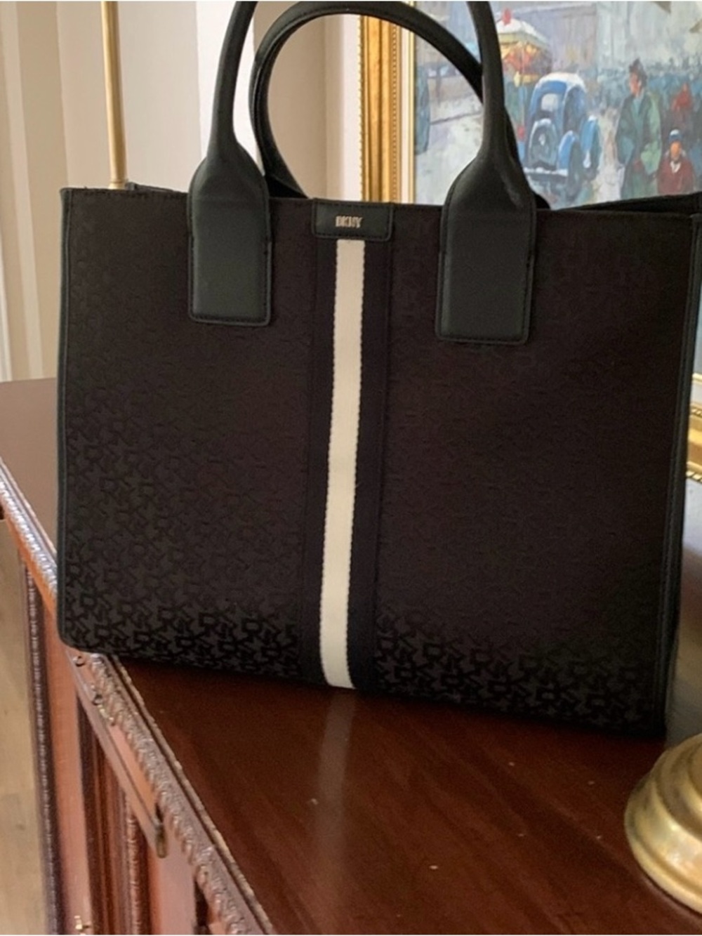DKNY Black Tote with White Center Stripe Accent